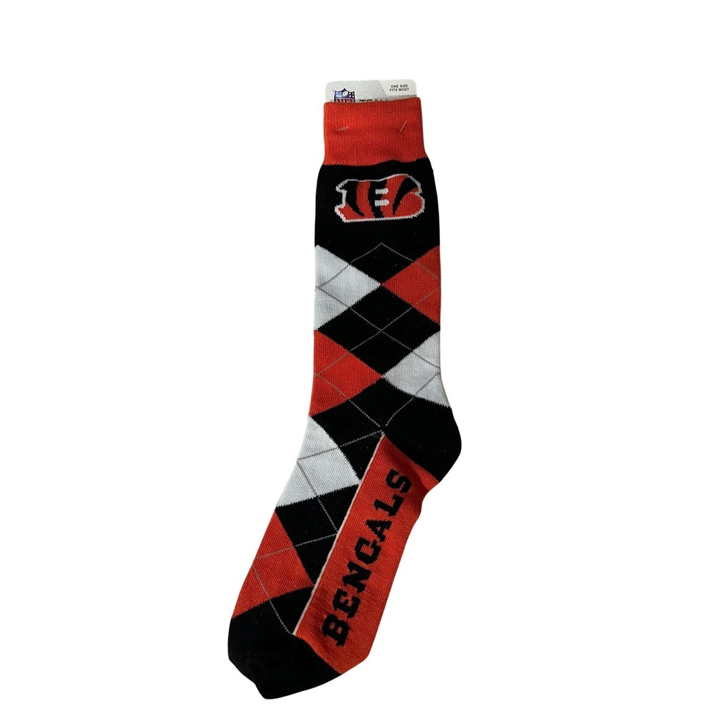 NFL Cincinnati Bengals Crew Socks Black Orange‎ Argyle One Size OSFM 505-T NEW